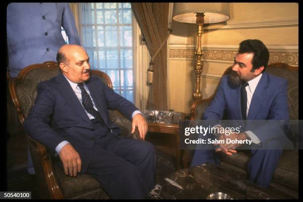Egyptian Foreign Min. Kamal Hassan Ali speaking w. Israeli Ambassador to Egypt Eliahu Ben-Elissar during peace negotiations