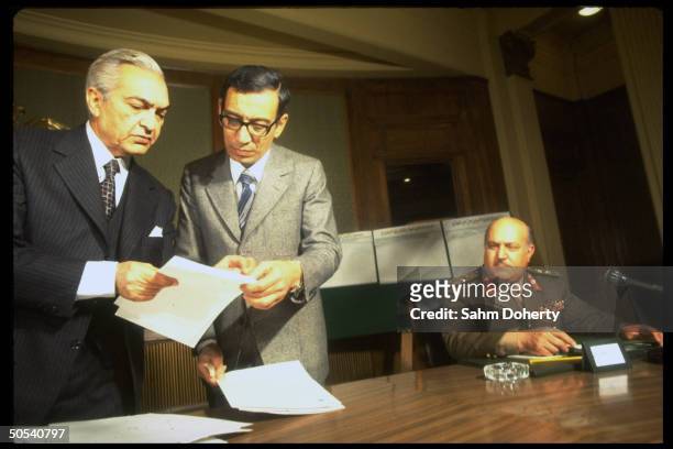 Egyptian General Kamal Hassan Ali, Deputy Foreign Minister Boutros Boutros-Ghali, and Prime Minister Mustafa Khalil at Cabinet meeting.