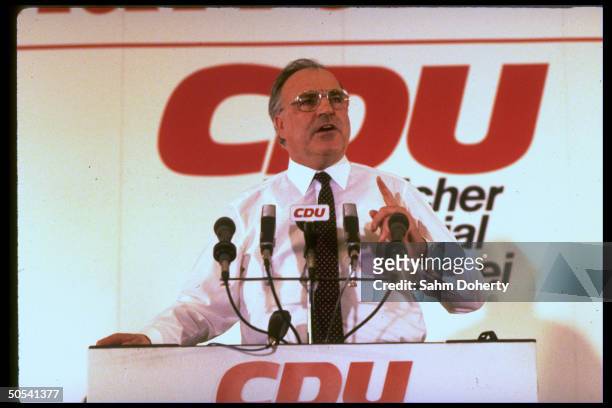 West German Chancellor Helmut Kohl speaking at Christian Democratic Union campaign rally.