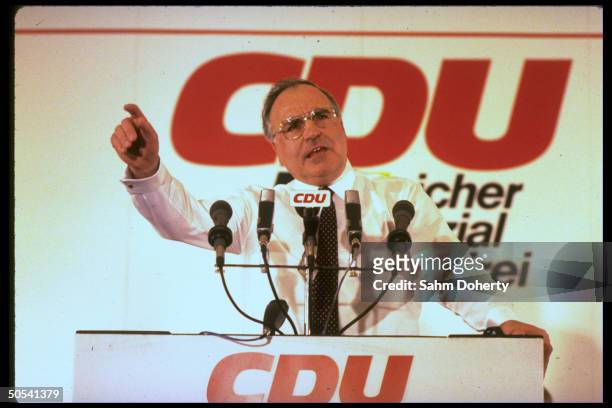 West German Chancellor Helmut Kohl speaking at Christian Democratic Union campaign rally.