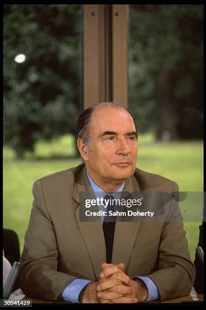 French Pres. Francois Mitterrand during meeting w. West German Chancellor Helmut Schmidt