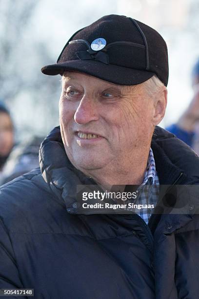 King Harald V of Norway attends Winter Games activities outside the Royal Palace during the celebration of his 25th anniversary as King of Norway on...