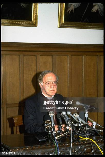 Great Britain's Archbishop Robert Runcie at press conference, re missing envoy Terry Waite.