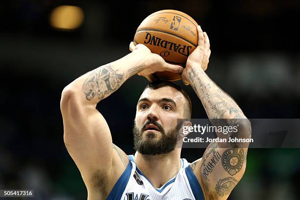 Nikola Pekovic of the Minnesota Timberwolves shoots a free throw during the game against the Phoenix Suns on January 17, 2016 at Target Center in...