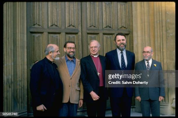 Anglican church envoy/hostage negotiator Terry Waite standing with Archbishop Robert Runcie and former hostages Rev. Ben Weir , Rev. Lawrence Jenco...