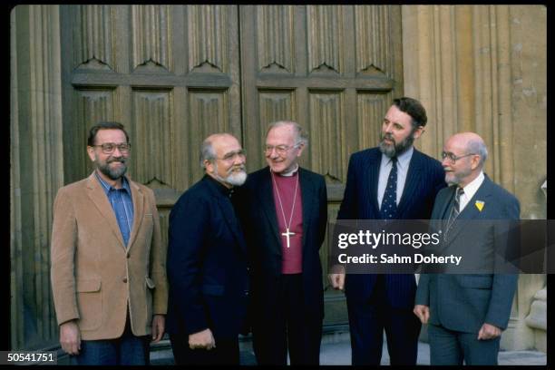 Anglican church envoy/hostage negotiator Terry Waite standing with Archbishop Robert Runcie and former hostages Rev. Ben Weir , Rev. Lawrence Jenco...