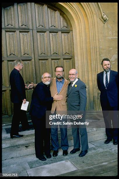 Former hostages Rev. Ben Weir , Rev. Lawrence Jenco and David Jacobsen standing near Anglican church envoy/hostage negotiator Terry Waite and...