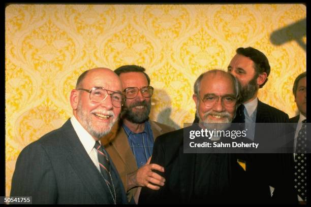 Former hostages Rev. Ben Weir, David Jacobsen and Rev. Lawrence Jenco with Anglican church envoy/hostage negotiator Terry Waite at press conference.