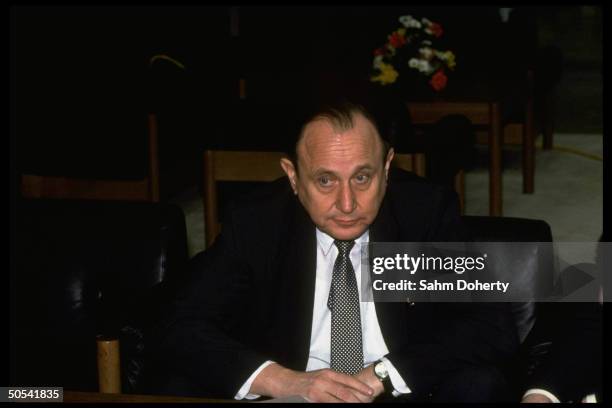 Free Democratic Party party chairman/Foreign Minister Hans-Dietrich Genscher sitting during EEC ministerial meeting.