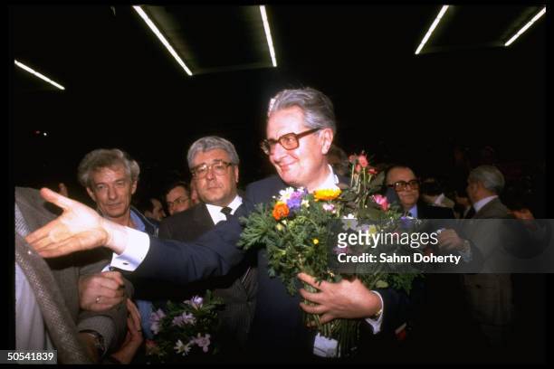 Hans Jochen Vogel, the Social Democratic Party candidate for Chancellor, shaking hands with well-wishers while on the campaign trail.