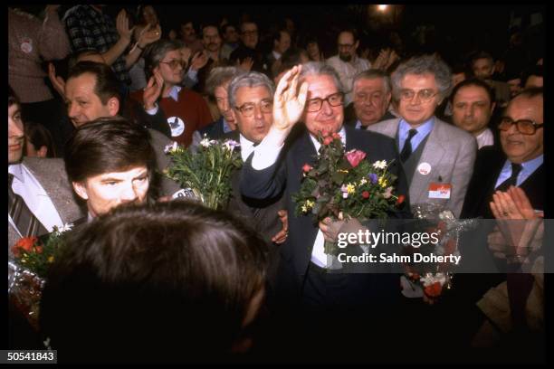 Hans Jochen Vogel, the Social Democratic Party candidate for Chancellor, standing with well-wishers while on the campaign trail.