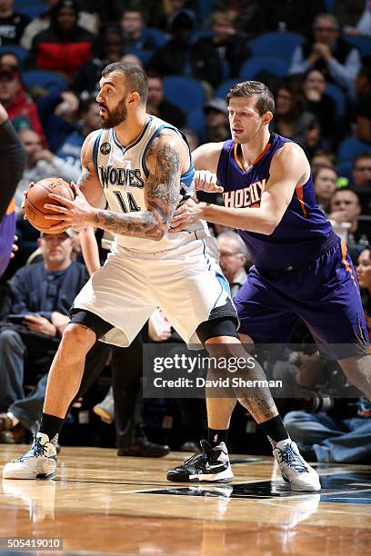 Nikola Pekovic of the Minnesota Timberwolves handles the ball during the game against the Phoenix Suns on January 17, 2016 at Target Center in...