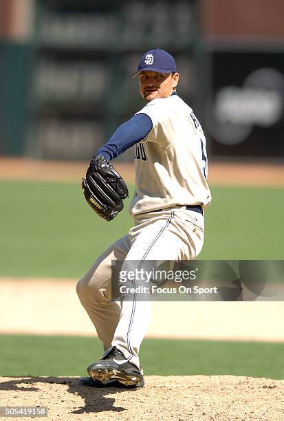Trevor Hoffman of the San Diego Padres pitches against the San Francisco Giants during an Major League Baseball game May 28, 2005 at AT&T Park in San...