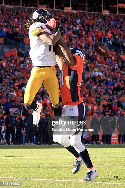 Aqib Talib of the Denver Broncos breaks up a fourth down pass intended for Markus Wheaton of the Pittsburgh Steelers in the first quarter during the...