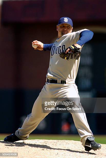 Trevor Hoffman of the San Diego Padres pitches against the San Francisco Giants during an Major League Baseball game May 2, 2006 at AT&T Park in San...