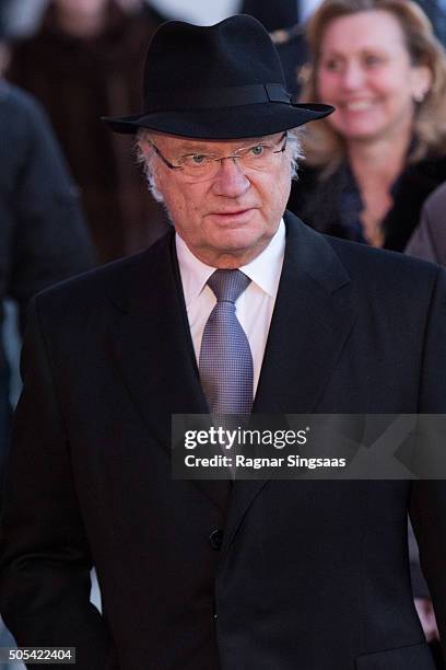 King Carl XVI Gustaf of Sweden attends the 25th anniversary of King Harald V and Queen Sonja of Norway as monarchs on January 17, 2016 in Oslo,...