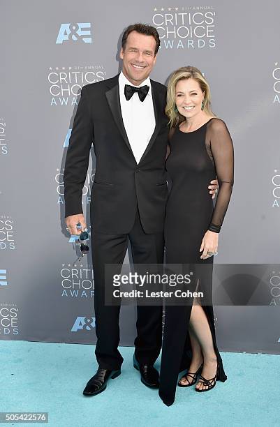 Actor David James Elliott and Nanci Chambers attend the 21st Annual Critics' Choice Awards at Barker Hangar on January 17, 2016 in Santa Monica,...