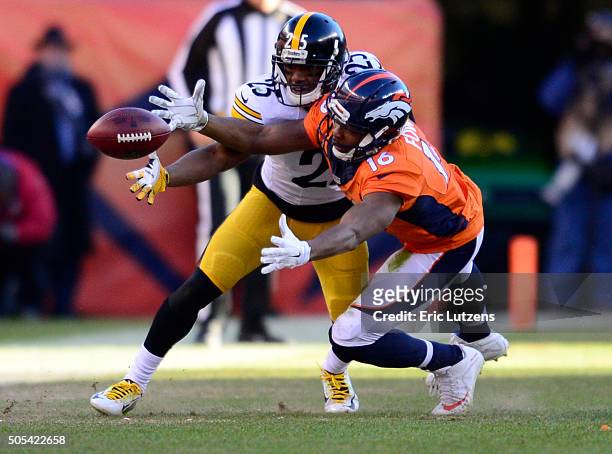 Denver Broncos wide receiver Bennie Fowler can't hold on to a pass as Pittsburgh Steelers defensive back Brandon Boykin defends on the pass during...