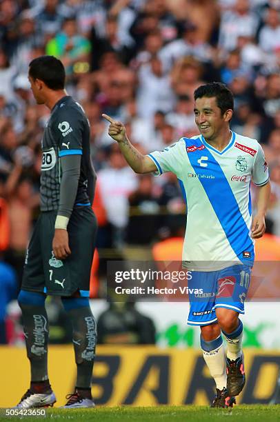 Christian Bermudez of Puebla celebrates after scoring the first goal of his team during the 2nd round match between Puebla and Monterrey as part of...