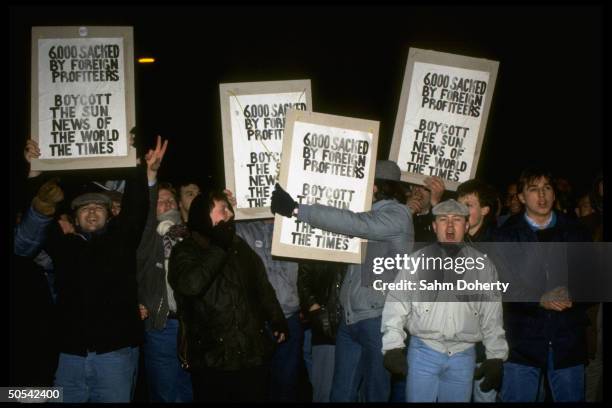 Printworkers demontrating on picket line outside newspaper owner Rupert Murdoch's Wapping, London plant during strike.