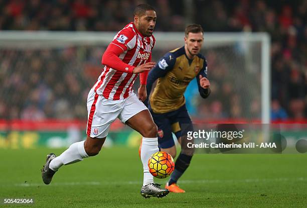 Glen Johnson of Stoke City during the Barclays Premier League match between Stoke City and Arsenal at the Britannia Stadium on January 17, 2016 in...