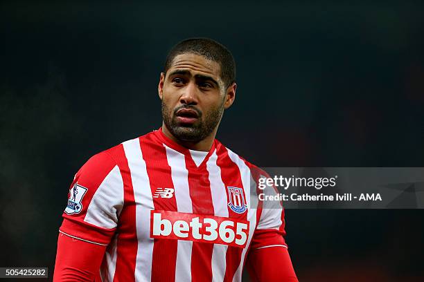 Glen Johnson of Stoke City during the Barclays Premier League match between Stoke City and Arsenal at the Britannia Stadium on January 17, 2016 in...