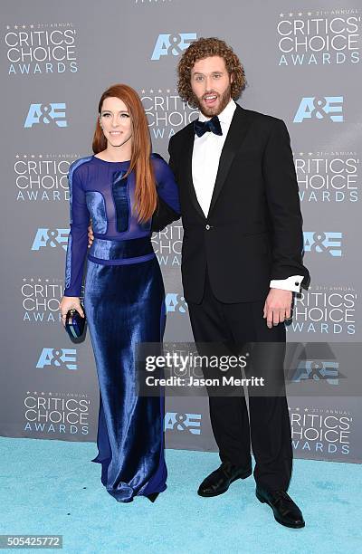 Actress Kate Gorney and host T. J. Miller attend the 21st Annual Critics' Choice Awards at Barker Hangar on January 17, 2016 in Santa Monica,...