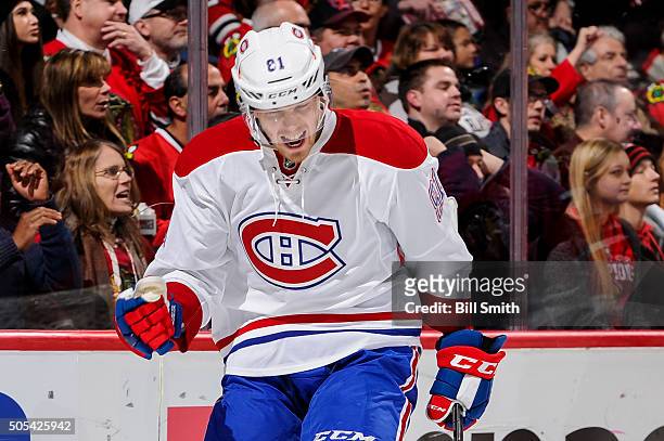 Lars Eller of the Montreal Canadiens reacts after scoring against the Chicago Blackhawks in the first period of the NHL game at the United Center on...