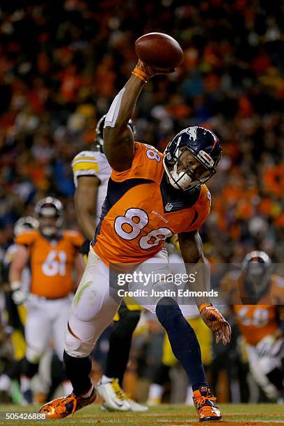 Demaryius Thomas of the Denver Broncos celebrates after scoring the two point conversion in the fourth quarter against the Pittsburgh Steelers during...