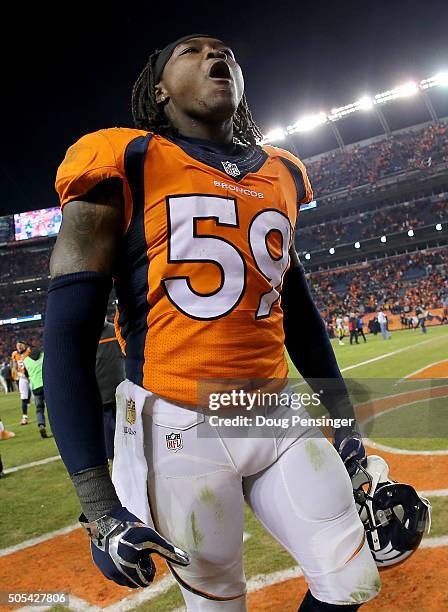 Danny Trevathan of the Denver Broncos celebrates as he walks off the field after the AFC Divisional Playoff Game against the Pittsburgh Steelers at...