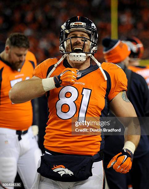 Owen Daniels of the Denver Broncos begins to celebrate in the fourth quarter during the AFC Divisional Playoff Game against the Pittsburgh Steelers...