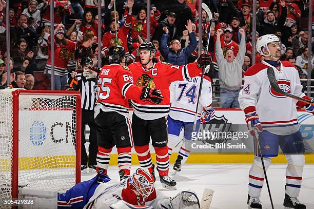 Jonathan Toews of the Chicago Blackhawks reacts after scoring on goalie Ben Scrivens of the Montreal Canadiens in the second period of the NHL game...
