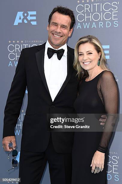 Actor David James Elliott and Nanci Chambers attend the 21st Annual Critics' Choice Awards at Barker Hangar on January 17, 2016 in Santa Monica,...