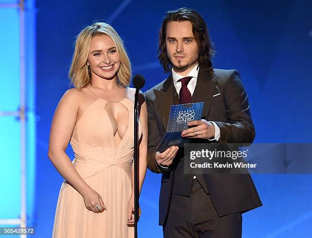 Presenters Hayden Panettiere and Jonathan Jackson speak onstage during the 21st Annual Critics' Choice Awards at Barker Hangar on January 17, 2016 in...
