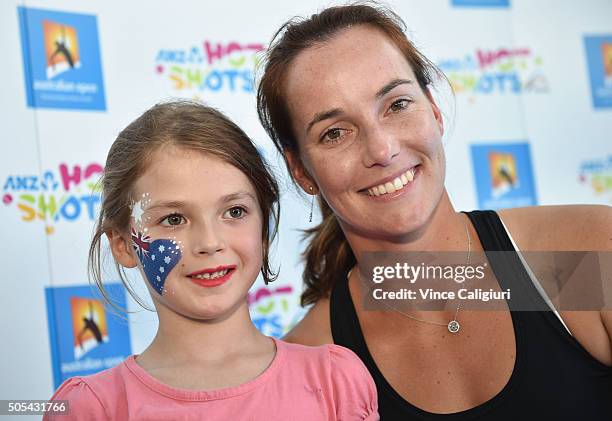 Jarmila Wolf of Australia posing for photographs at Autograph Island on Grand Slam Oval during Day one of the 2016 Australian Open at Melbourne Park...