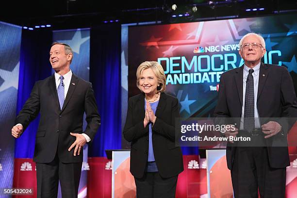 Democratic presidential candidates Martin OMalley , Hillary Clinton and Senator Bernie Sanders participate in the Democratic Candidates Debate hosted...