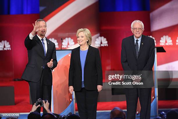 Democratic presidential candidates Martin OMalley , Hillary Clinton and Senator Bernie Sanders participate in the Democratic Candidates Debate hosted...