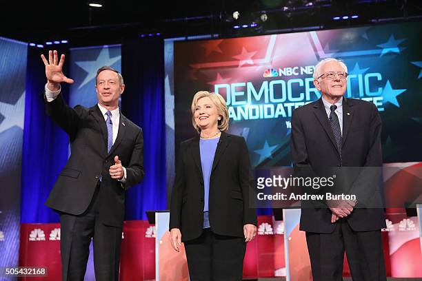 Democratic presidential candidates Martin OMalley , Hillary Clinton and Senator Bernie Sanders participate in the Democratic Candidates Debate hosted...