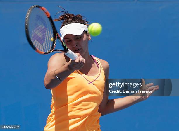 Margarita Gasparyan of Russia plays a backhand in her first round match against Sara Errani of Italy during day one of the 2016 Australian Open at...