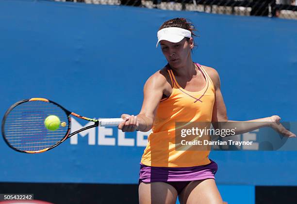 Margarita Gasparyan of Russia plays a backhand in her first round match against Sara Errani of Italy during day one of the 2016 Australian Open at...