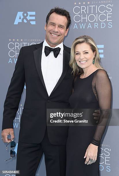 Actor David James Elliott and Nanci Chambers attend the 21st Annual Critics' Choice Awards at Barker Hangar on January 17, 2016 in Santa Monica,...