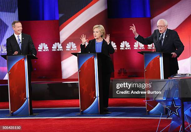 Democratic presidential candidates Martin OMalley , Hillary Clinton and Senator Bernie Sanders participate in the Democratic Candidates Debate hosted...