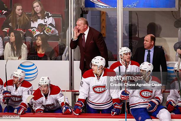 Michel Therrien head coach of the Montreal Canadiens yells out in the third period of the NHL game against the Chicago Blackhawks at the United...