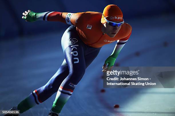 Joep Baks of the Netherlands competes in the men 1000 m heats during day 2 of ISU speed skating junior world cup at ice rink Pine stadium on January...