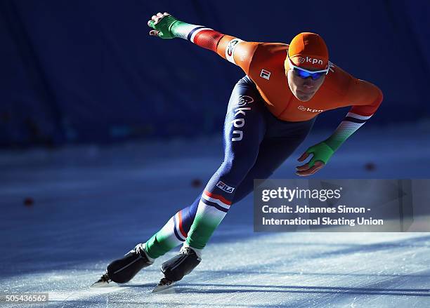 Joep Baks of the Netherlands competes in the men 1000 m heats during day 2 of ISU speed skating junior world cup at ice rink Pine stadium on January...