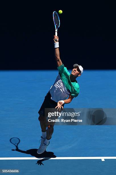 Tomas Berdych of the Czech Republic serves his first round match against Yuki Bhambri of India during day one of the 2016 Australian Open at...