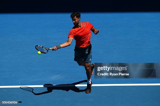 Yuki Bhambri of India plays a forehand his first round match against Tomas Berdych of the Czech Republic during day one of the 2016 Australian Open...