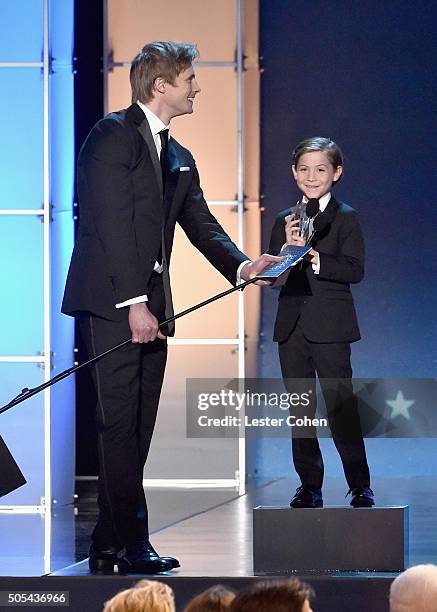 Actors Bradley James and Jacob Tremblay, winner of Best Young Actor/Actress for "Room," onstage during the 21st Annual Critics' Choice Awards at...