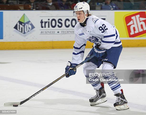 Alexander Nylander of the Mississauga Steelheads skates with the puck against the London Knights during an OHL game at Budweiser Gardens on January...