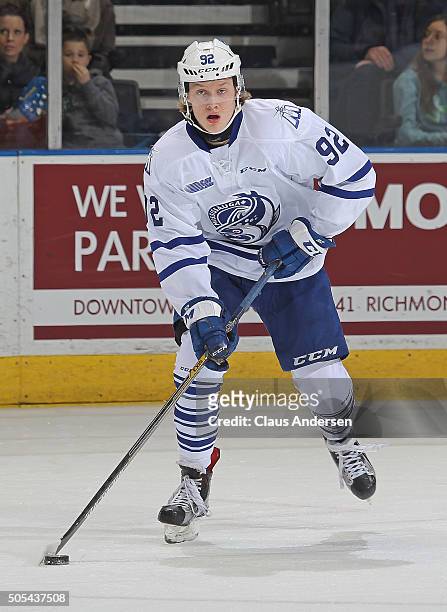 Alexander Nylander of the Mississauga Steelheads skates with the puck against the London Knights during an OHL game at Budweiser Gardens on January...